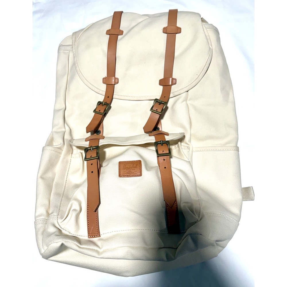 Herschel Little America Backpack Heavyweight Canvas Cream Tan Leather NWT $190